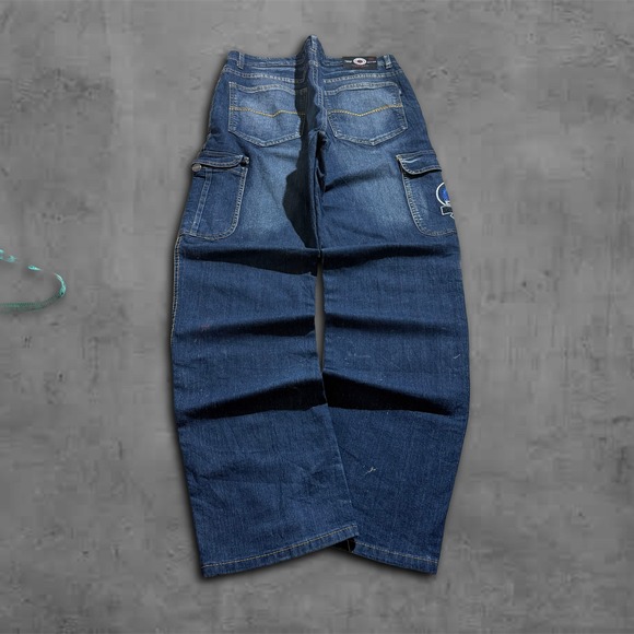 Harley Davidson Baggy Denim Cargo Jeans Embroidered Eagle Patch Y2k Style 33x - Picture 2 of 8